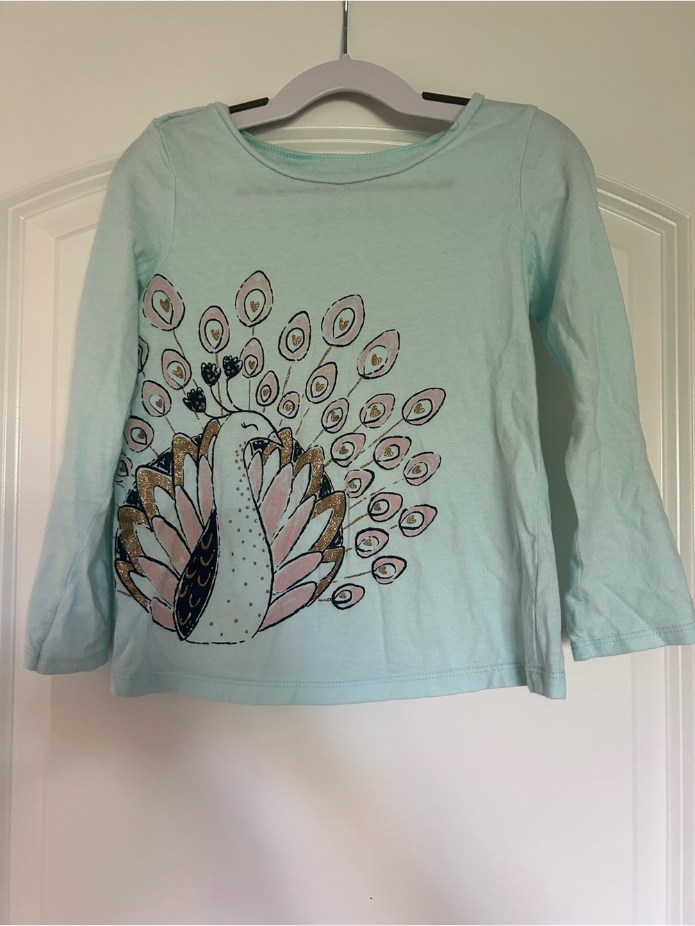 Girls Light Blue long Sleeve Top with Peacock Graphic